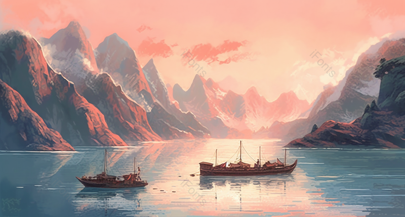 夕阳照映下的山峰和湖面渔船抽象风格山水画,插画/手绘图,插画/手绘图库,插画/手绘图下载,插画/手绘